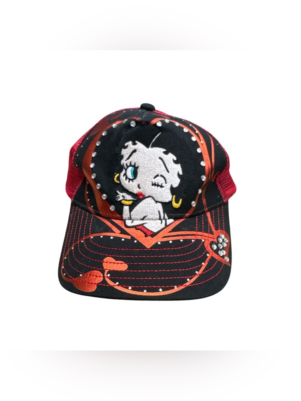 Betty Boop Black, Red & Orange Mesh Trucker Hat with Rhinestones